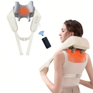 Woman using a wireless neck and shoulder massager with remote control.