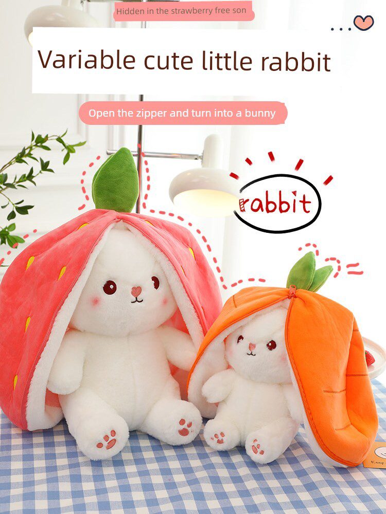 Cute rabbit plush toys wearing carrot hats, sitting together.