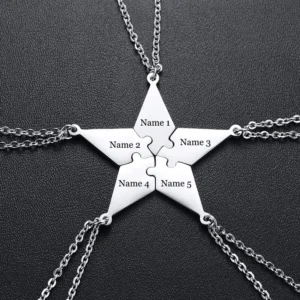 Five interlocking star-shaped pendants with customizable name slots on silver chains.