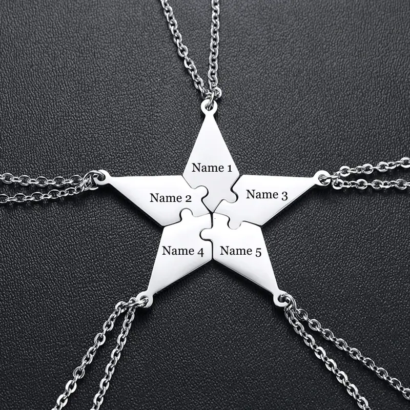 Five interlocking star-shaped pendants with customizable name slots on silver chains.