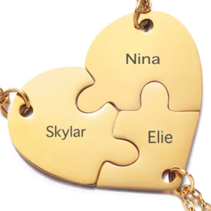 Heart-shaped puzzle pieces with three names connected.