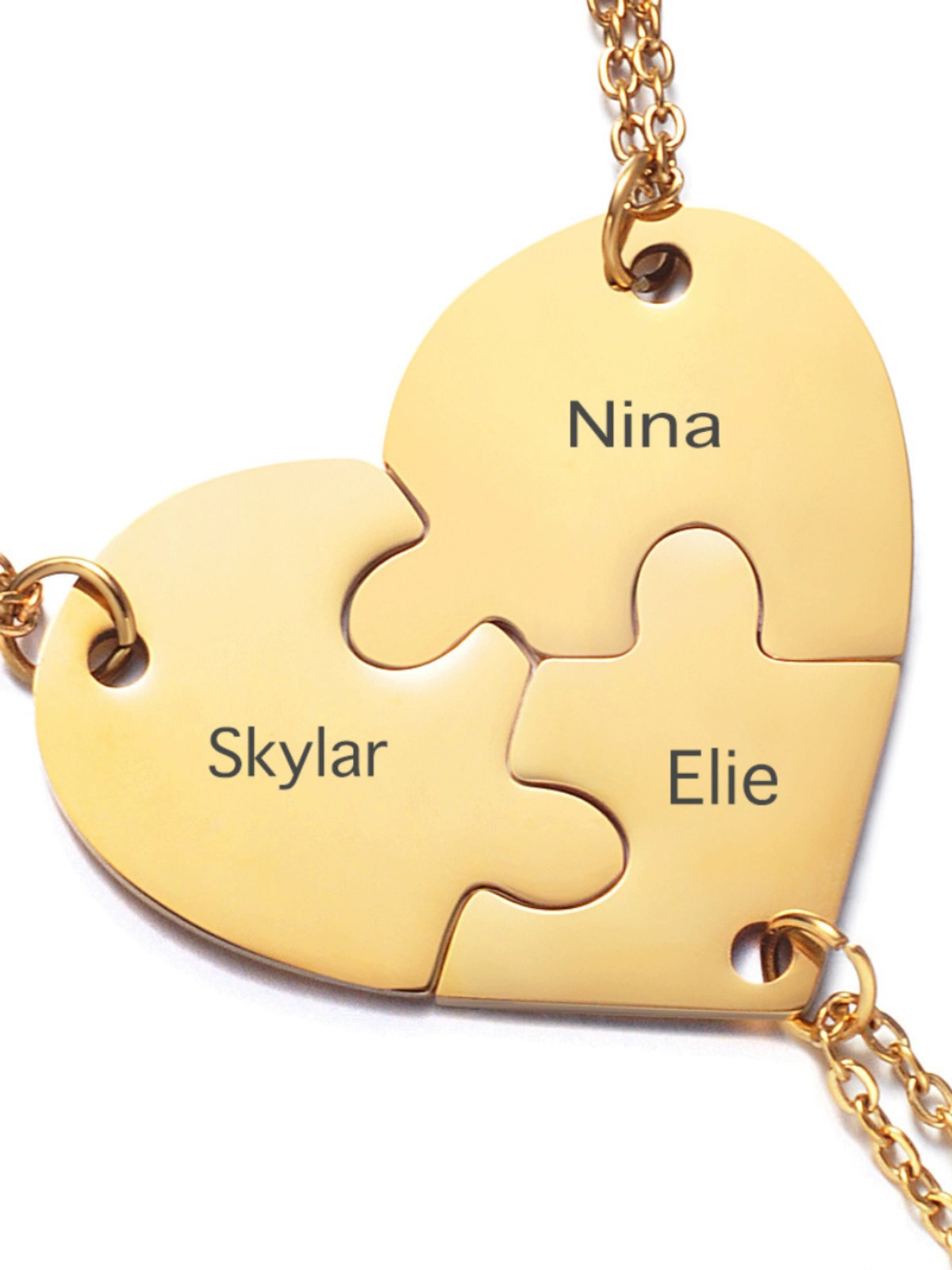 Heart-shaped puzzle pieces with three names connected.
