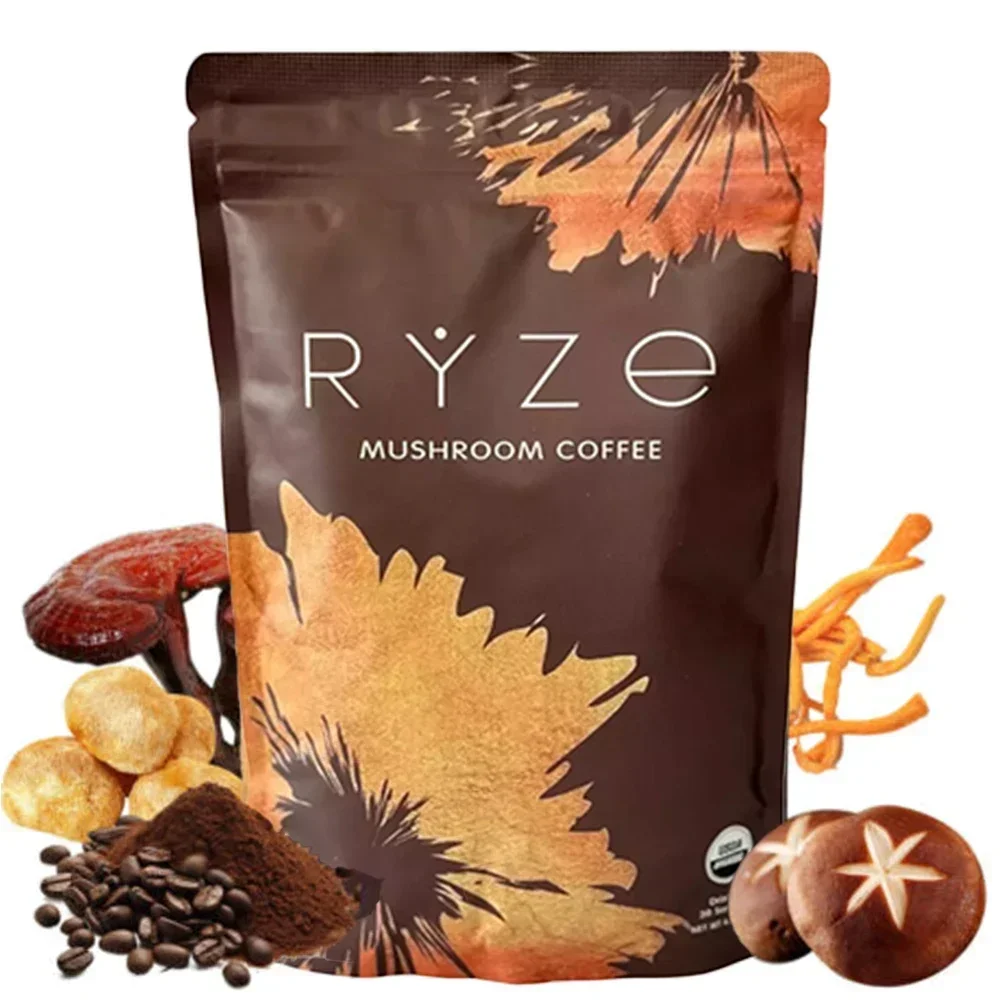 A bag of Ryze mushroom coffee with coffee beans and mushrooms.