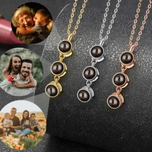 Custom photo pendant necklaces with personalized images and initials.