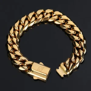 A thick gold chain bracelet with a secure clasp on a black background.