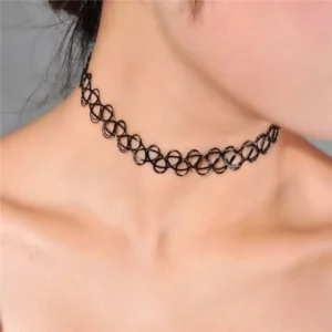 Woman wearing a black choker necklace.