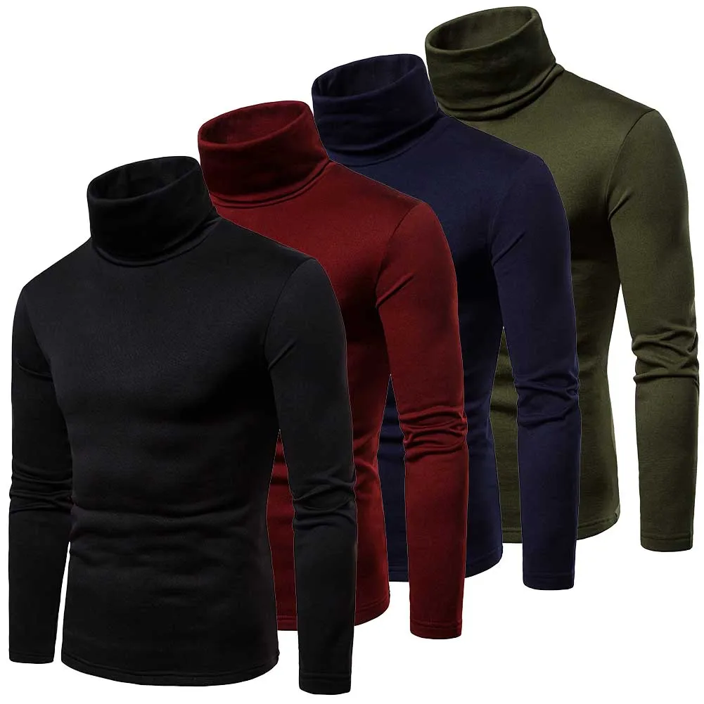 Four colorful turtleneck sweaters in a row.