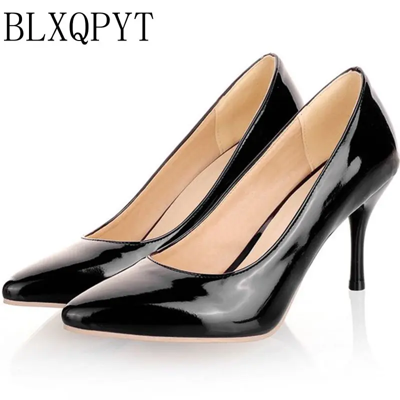 Black patent leather high-heeled pointed-toe women's shoes.