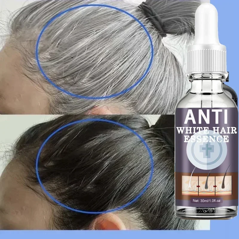 Before and after images showing gray hair transformed to black using an anti-gray hair serum.