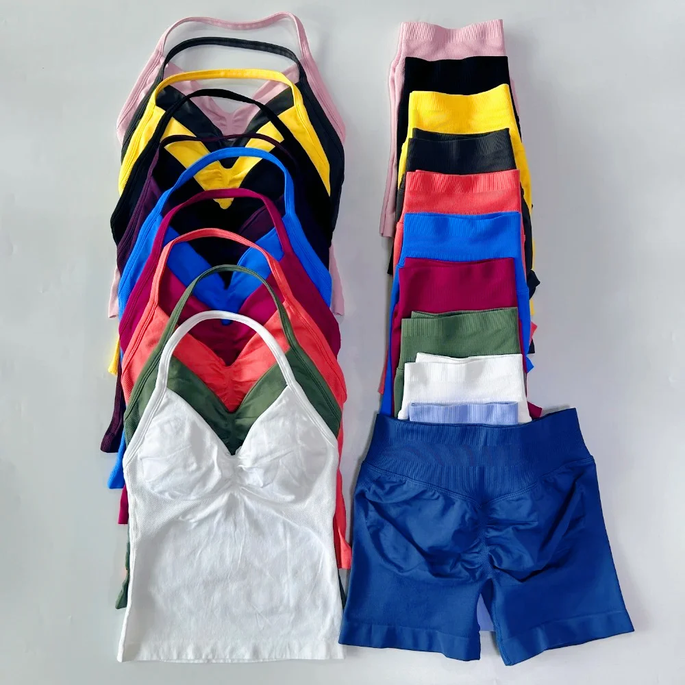 Set of colorful bras and matching shorts neatly arranged.