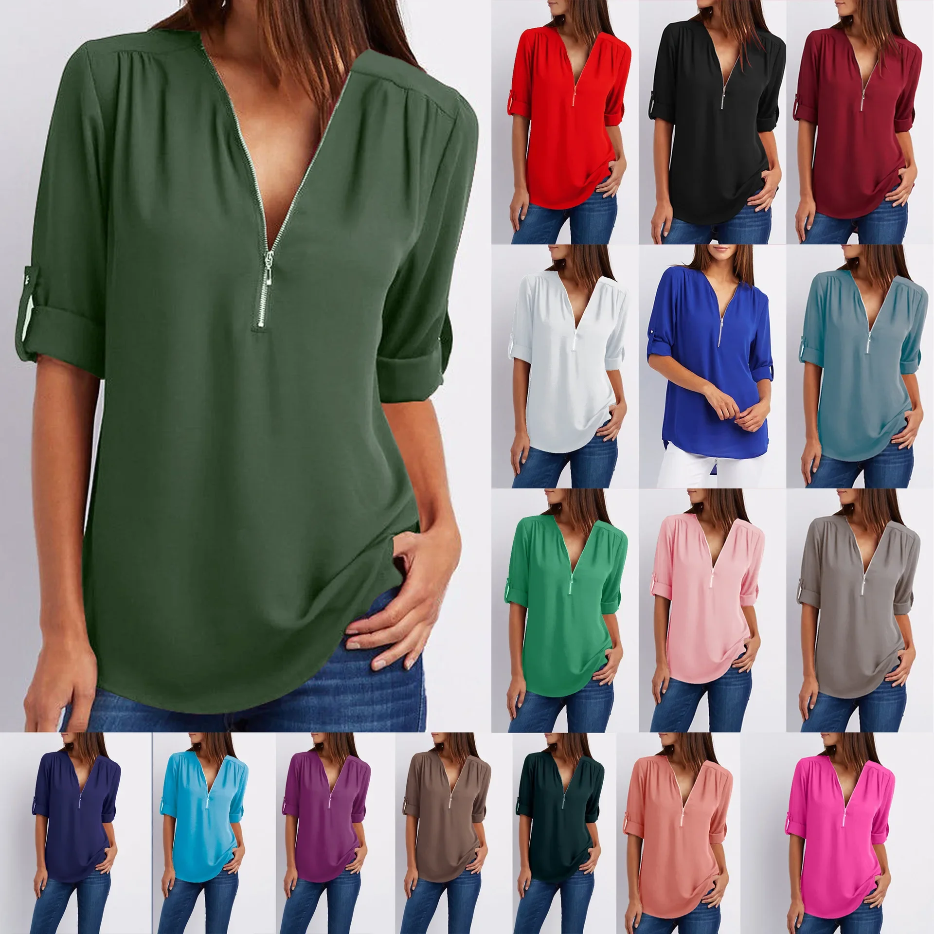 Collage of women wearing casual V-neck tops in various colors and styles.