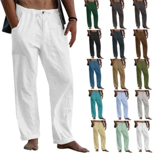 Collection of casual men's drawstring pants in various colors.