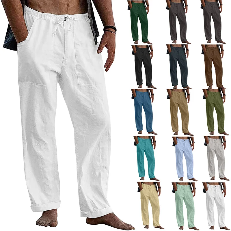 Collection of casual men's drawstring pants in various colors.