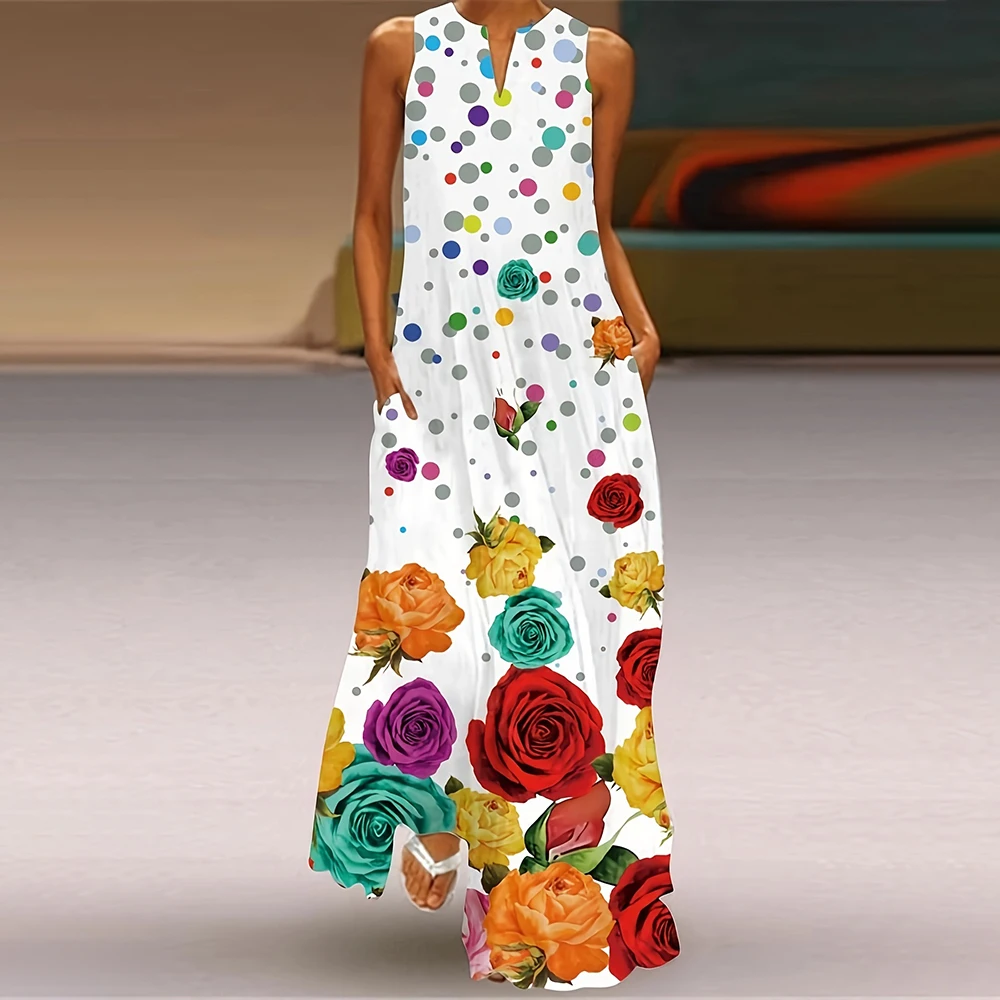 Woman wearing a sleeveless white dress with colorful floral prints.