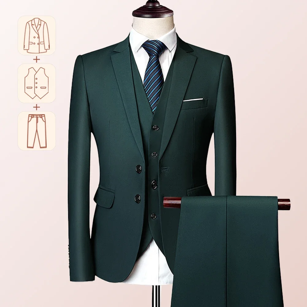Dark green three-piece suit on mannequin.
