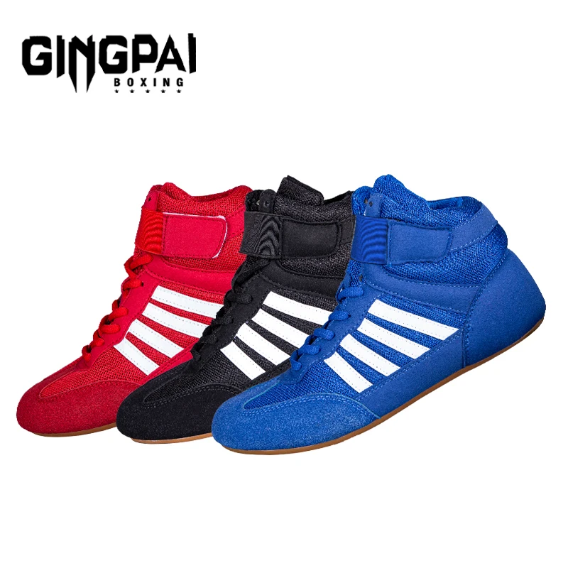 Three pairs of colorful sports shoes in red, black, and blue with white stripes.