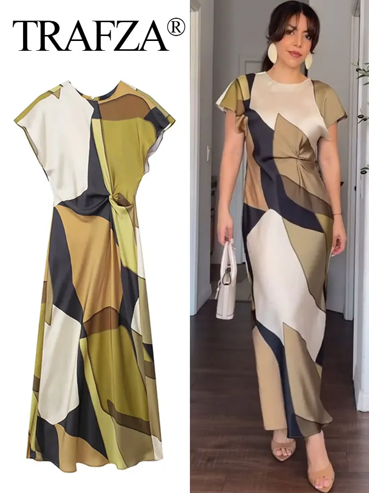 Abstract geometric print maxi dress with a mix of earth tones and white.