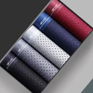 Box of colorful patterned men's underwear.