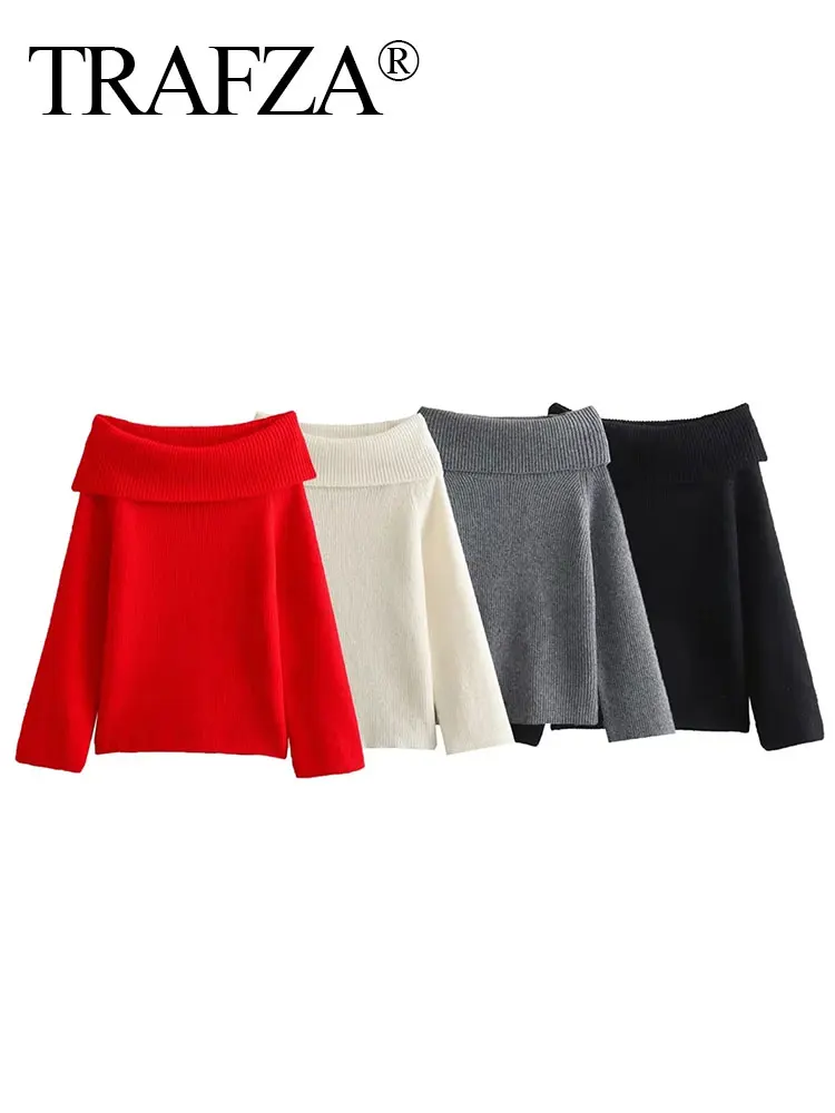 Four turtleneck sweaters in red, white, gray, and black.