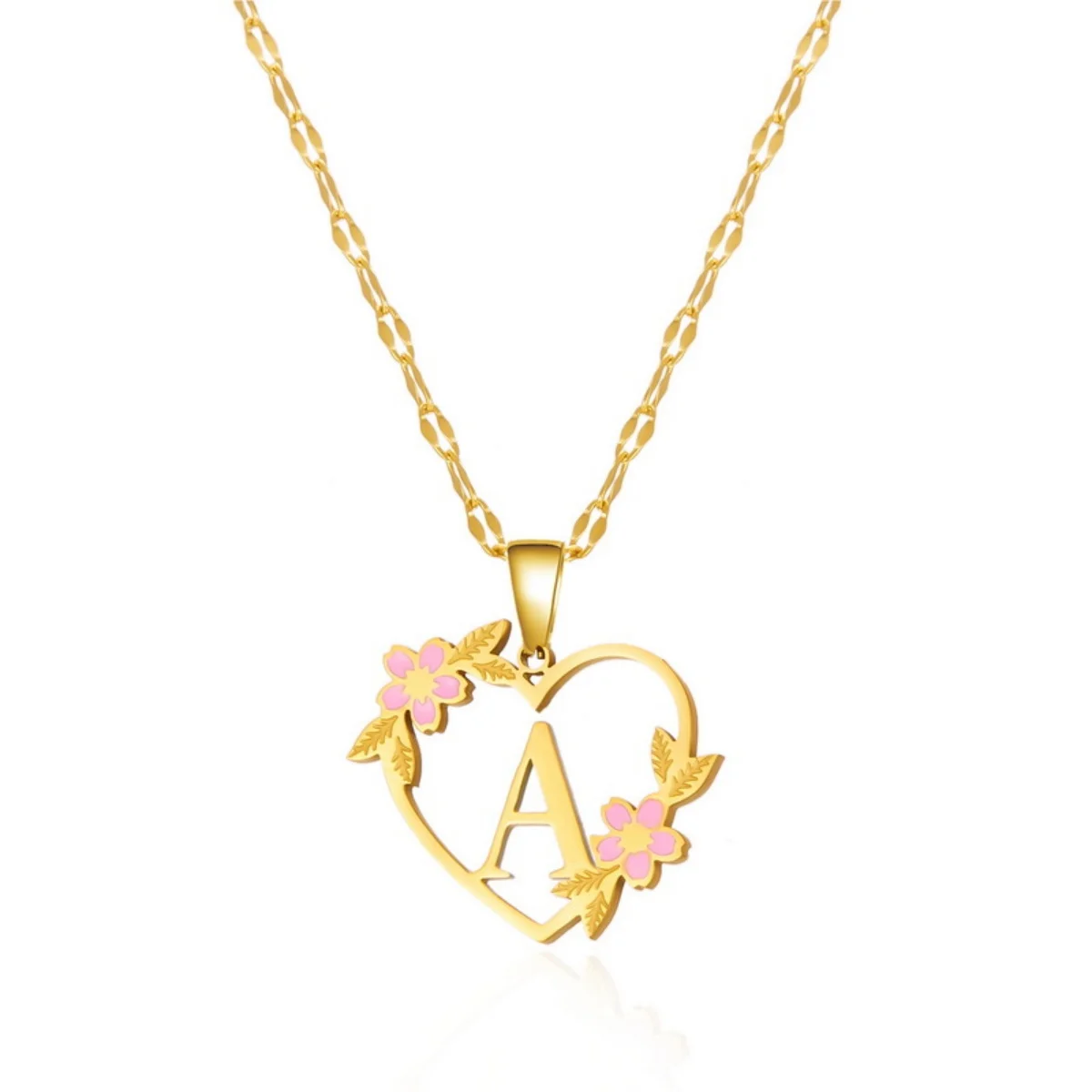 Gold heart pendant necklace with floral accents and letter A.