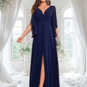 Elegant navy blue evening gown with sheer sleeves and front slit.
