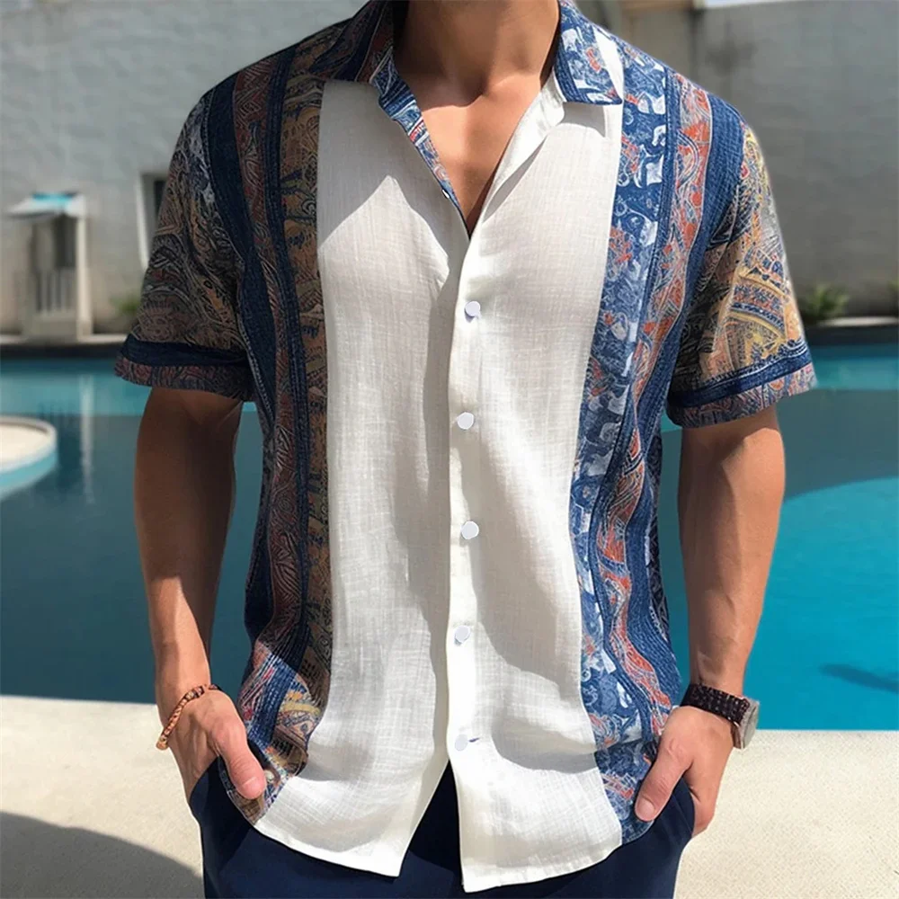 Man wearing a patterned short-sleeve shirt by the pool.