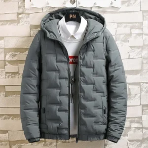 Gray hooded jacket on white shirt.