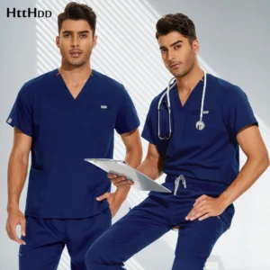 Two male healthcare professionals in navy blue scrubs posing with medical tools.