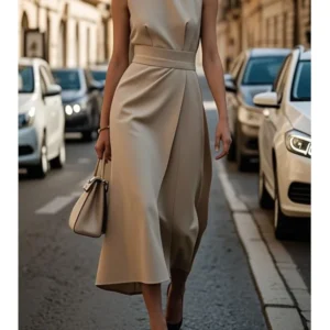 Chic woman in a stylish beige dress walking down a city street with a handbag.