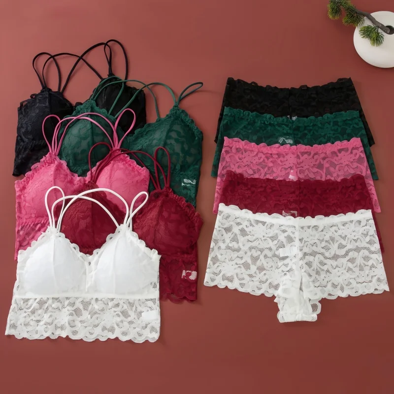 Collection of lace bralettes and matching lace shorts in various colors.