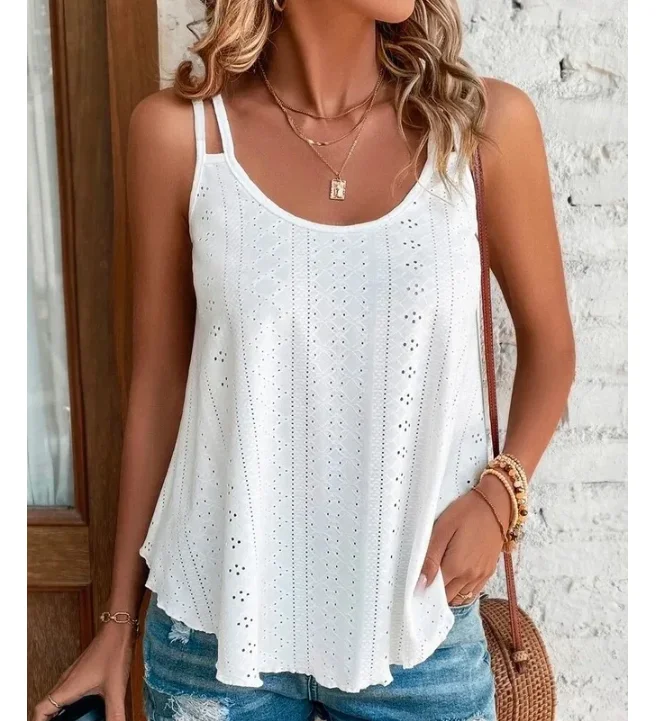 White sleeveless crochet-patterned top with double straps.