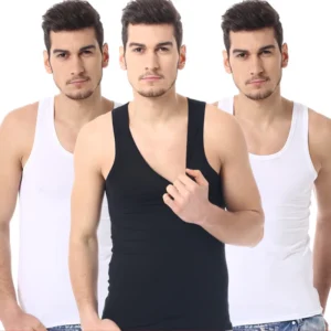 Three men in tank tops, posing together.