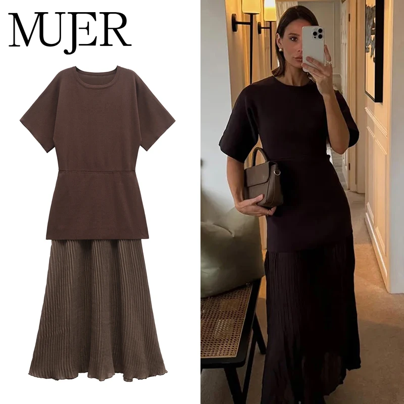 Elegant brown top and skirt set for women, perfect for sophisticated occasions.