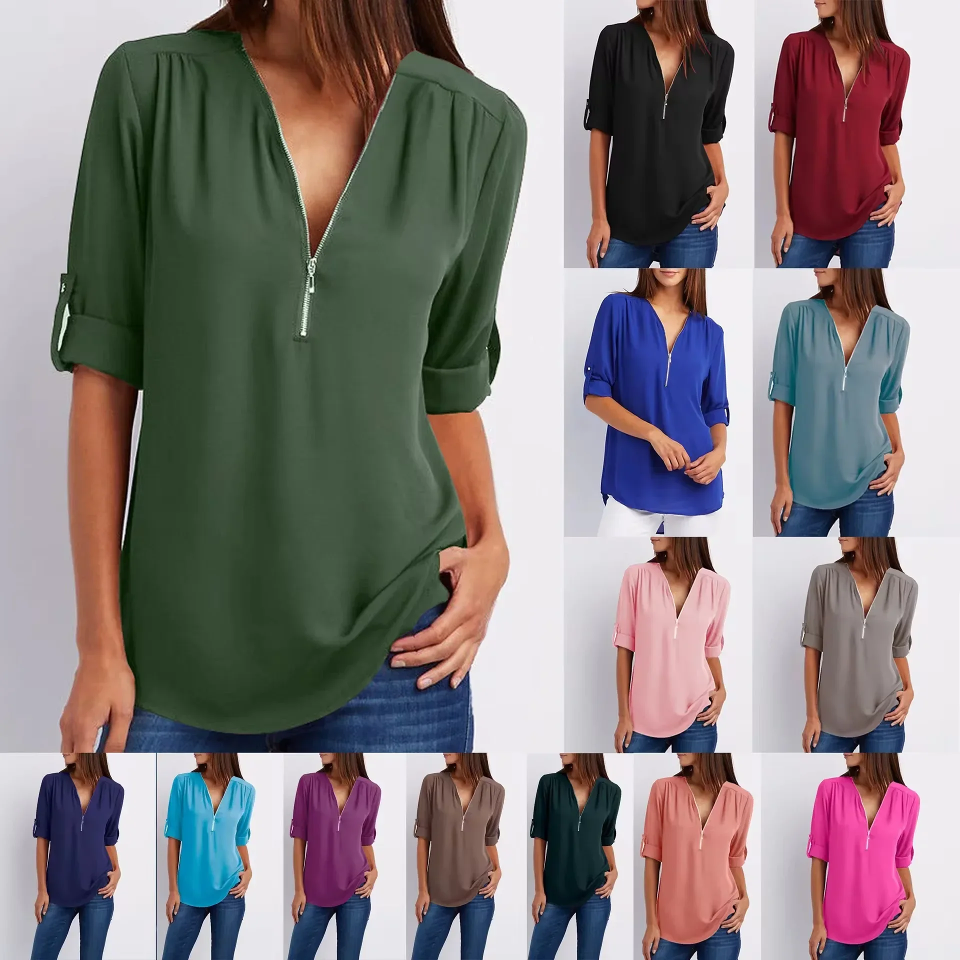 Collage of women wearing casual long-sleeve tops in various colors.