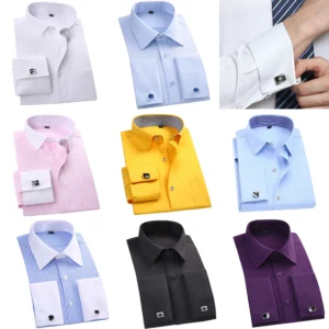 Nine neatly folded dress shirts in various colors arranged in a grid.