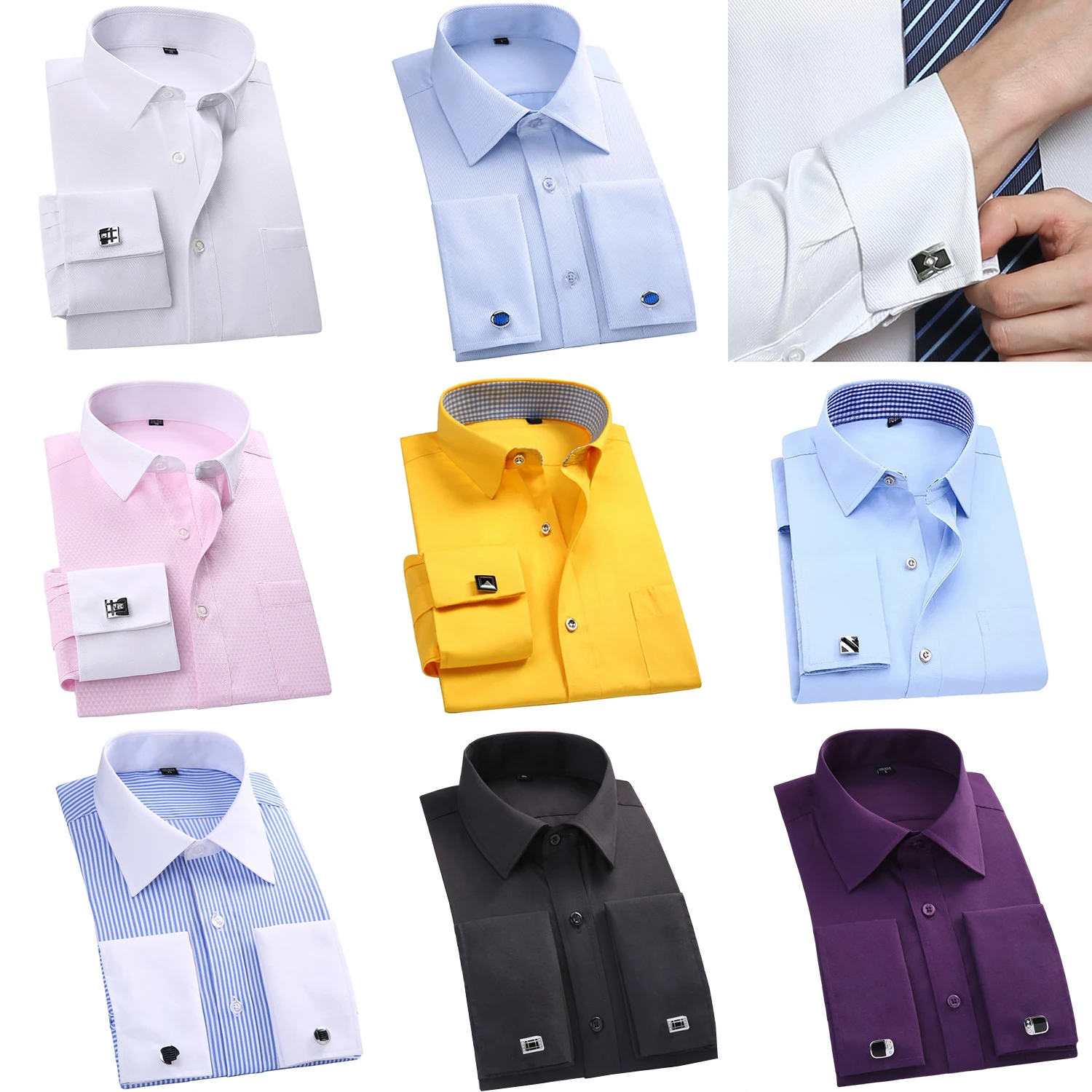 Nine neatly folded dress shirts in various colors arranged in a grid.