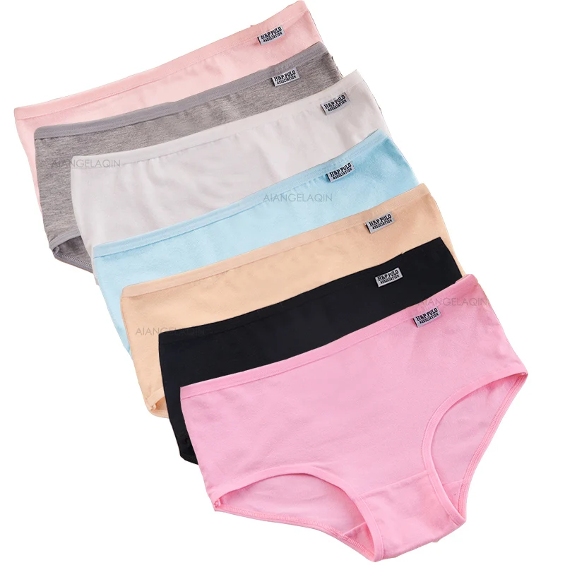 A set of six colorful women's underwear laid out in a row.