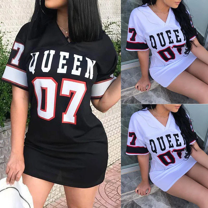 Women wearing casual "Queen 07" shirts in black and white.