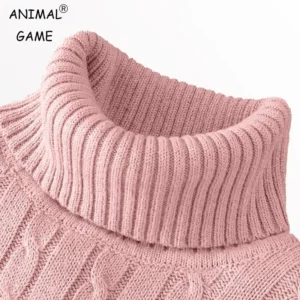 Pink knitted turtleneck sweater close-up.