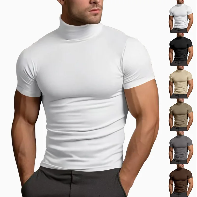 Man modeling various colored turtleneck shirts.