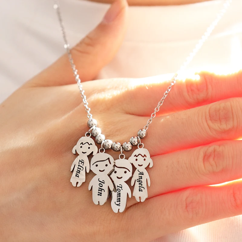 Silver necklace with personalized name charms.