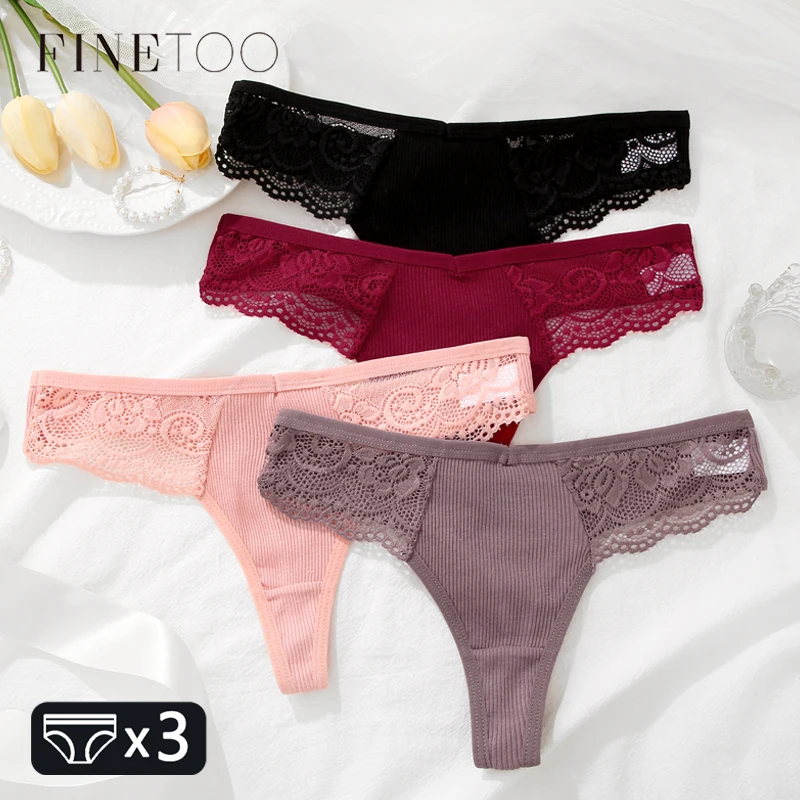 Three lace-trimmed women's thong panties in black, burgundy, pink, and mauve.
