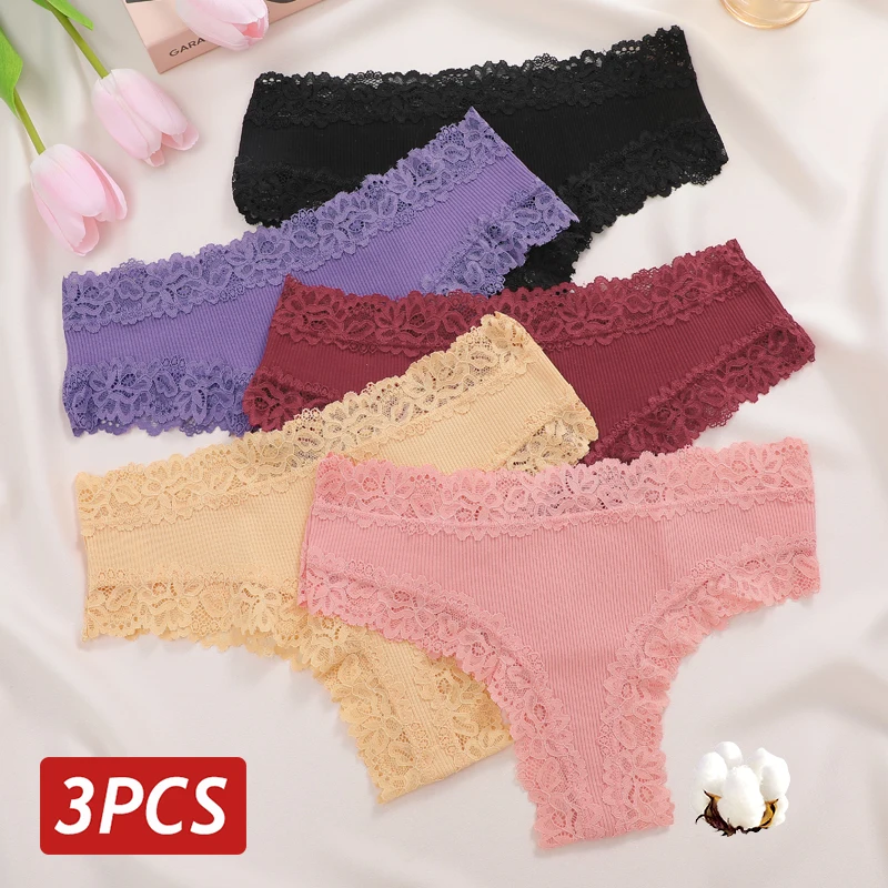 Set of three lace-trimmed women's panties in black, purple, beige, pink, and burgundy colors.