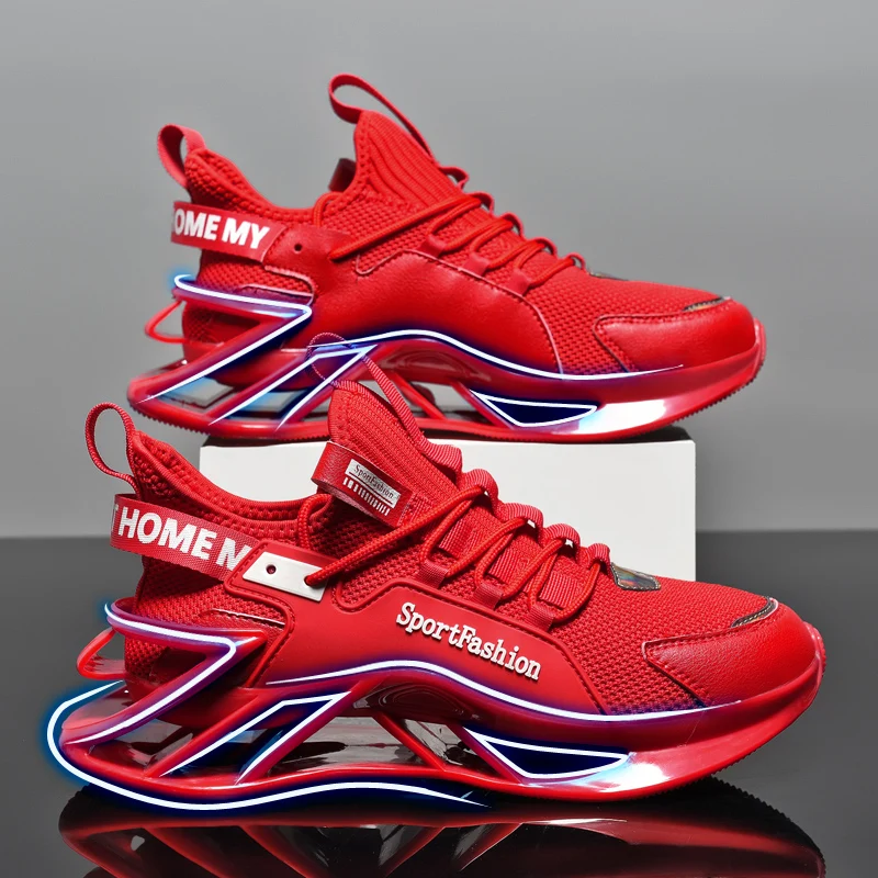 Bright red stylish sports shoes with bold design elements.