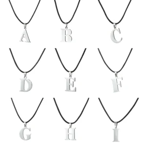 Necklaces with alphabet pendants A to I on black cords.