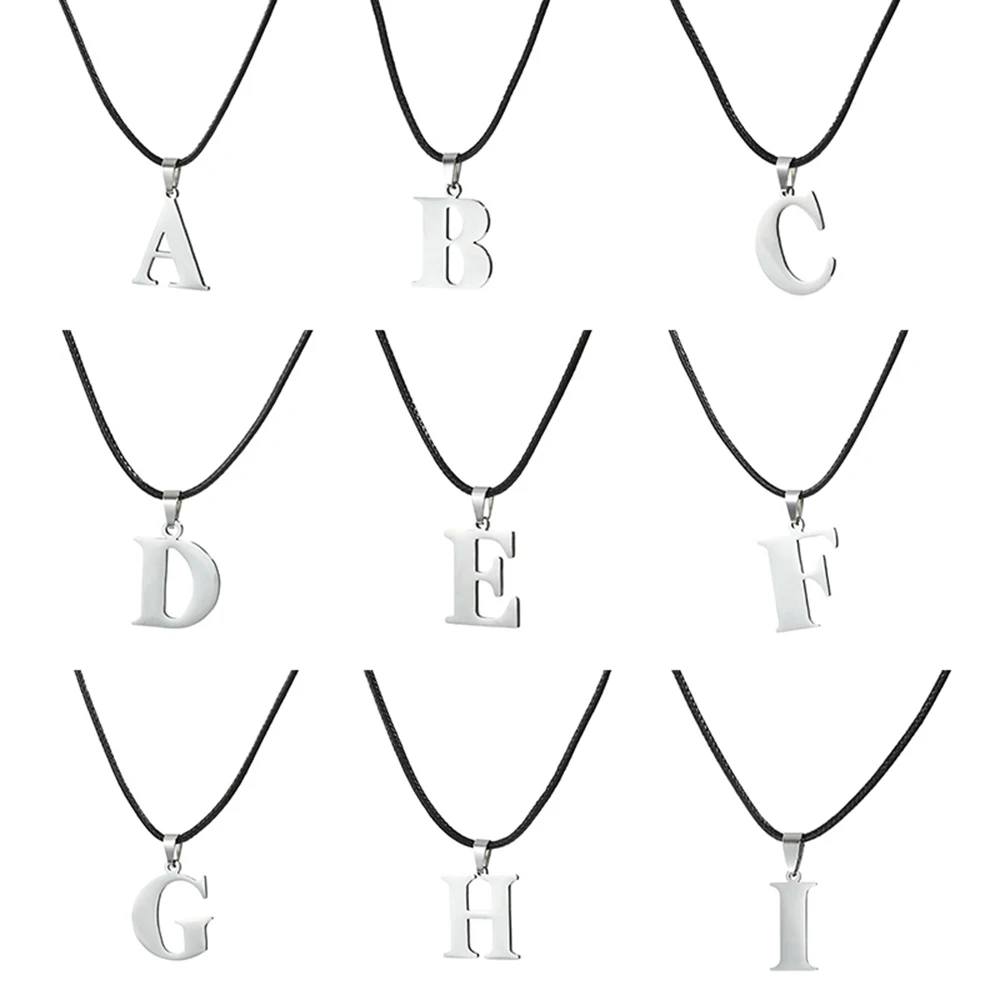 Necklaces with alphabet pendants A to I on black cords.