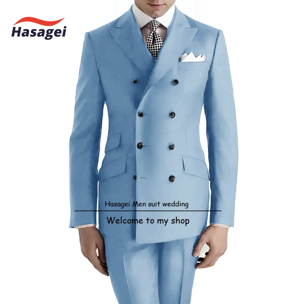 Man in light blue double-breasted suit.