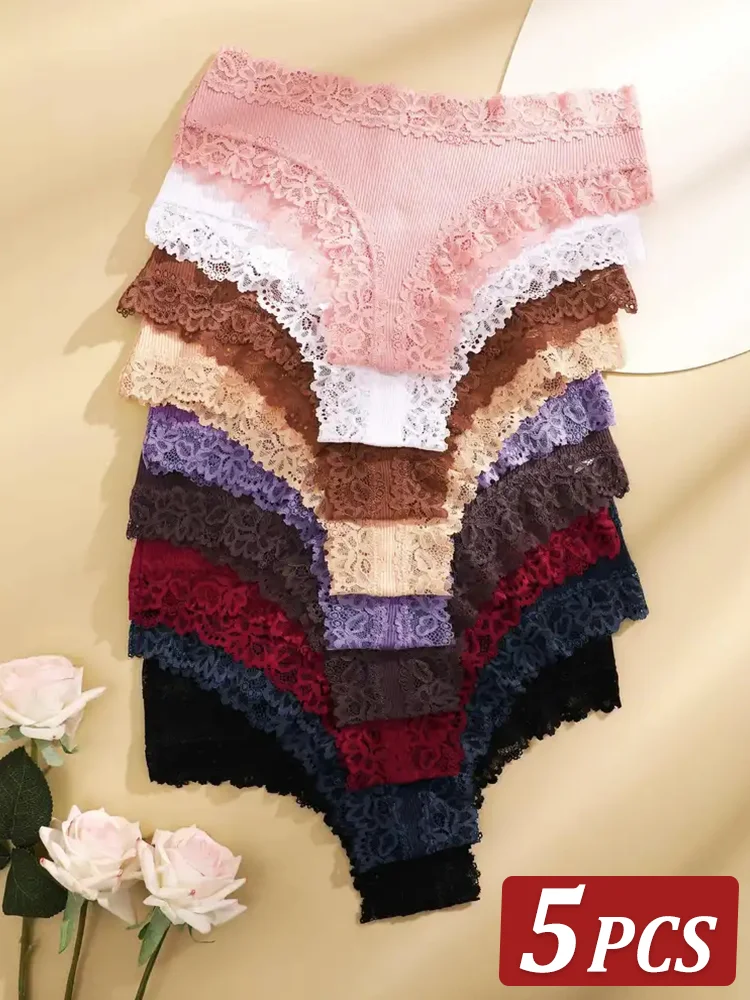 Stack of colorful lace-trimmed women's underwear.