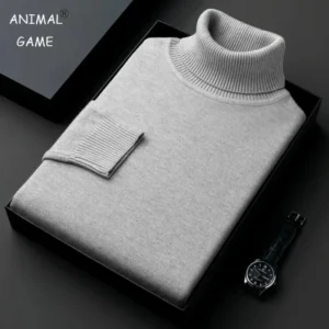 Gray turtleneck sweater with watch in box.