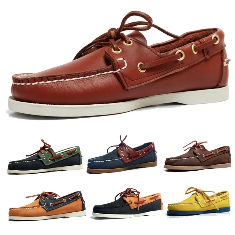 Collection of stylish men's boat shoes in various colors.